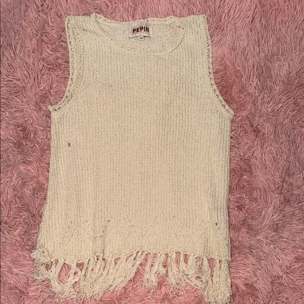 Pepin Ivory Knit Tank with Fringe